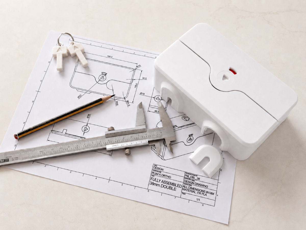 A PlugMinder part covering a technical drawing of a PlugMinder with tools and pencil