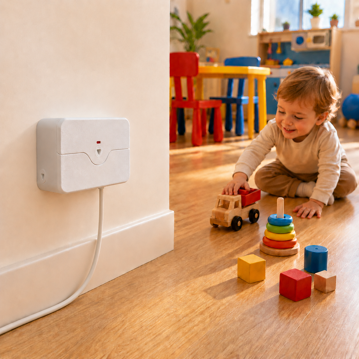 A Double PlugMinder installed on a neutral wall with a toddler playing with toys in the background