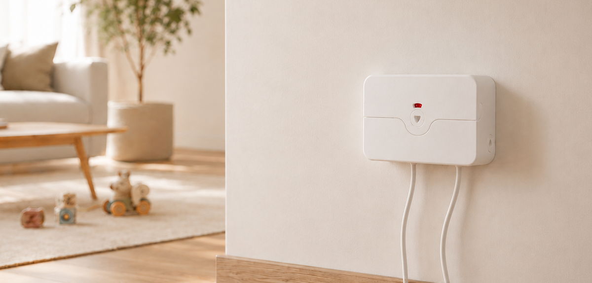 A Double PlugMinder installed on a neutral wall with a lounge setting in the background